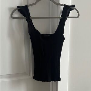 Black Ribbed Square-Neck Tank with Ruffle Straps - Women